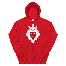 Load image into Gallery viewer, King Asad design; the lion with zulfiqar sword crown light design on a red hoodie
