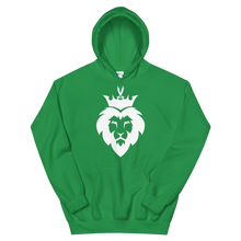 Load image into Gallery viewer, King Asad design; the lion with zulfiqar sword crown light design on a green hoodie
