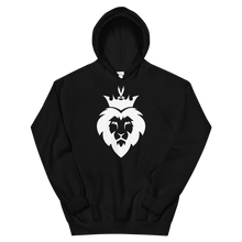 Load image into Gallery viewer, King Asad design; the lion with zulfiqar sword crown light design on a black hoodie
