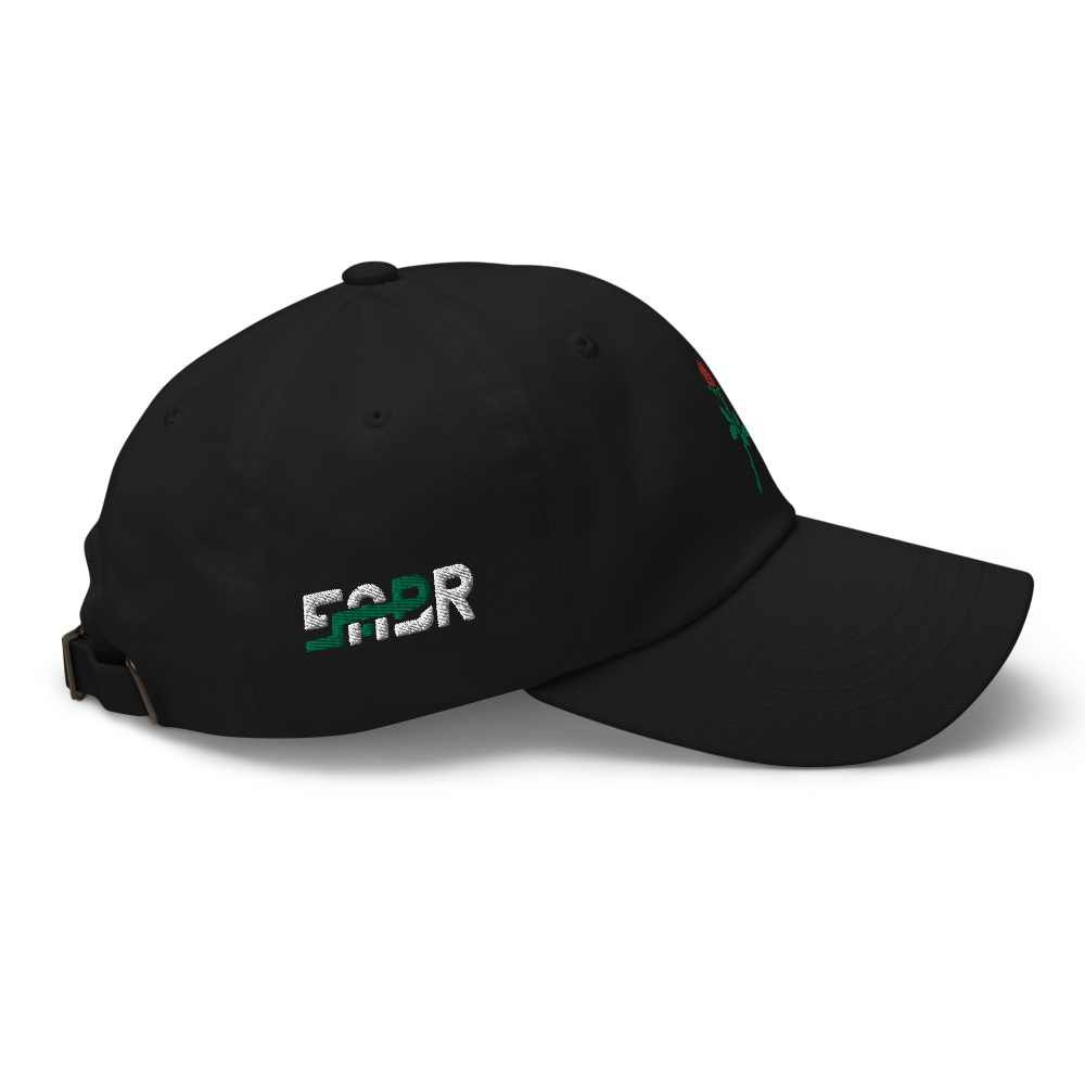 Sabr.Style classic black dad hat featuring the 'Rose of Resistance' design—an embroidered rosebud shaped like a fist, symbolizing strength and defiance. Adjustable strap and curved visor for a comfortable fit.