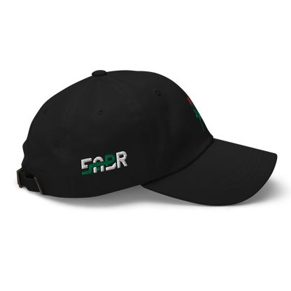 Sabr.Style classic black dad hat featuring the 'Rose of Resistance' design—an embroidered rosebud shaped like a fist, symbolizing strength and defiance. Adjustable strap and curved visor for a comfortable fit.
