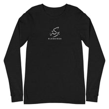 Load image into Gallery viewer, Black unisex long sleeve shirt featuring &#39;Blessings&#39; embroidered in elegant Arabic calligraphy. Soft, comfortable, and stylish design perfect for everyday wear.
