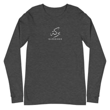 Load image into Gallery viewer, Dark grey heather unisex long sleeve shirt featuring &#39;Blessings&#39; embroidered in elegant Arabic calligraphy. Soft, comfortable, and stylish design perfect for everyday wear.
