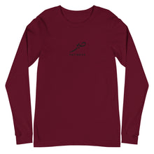 Load image into Gallery viewer, Maroon unisex long sleeve shirt featuring ‘Patience’ embroidered in elegant Arabic calligraphy. Soft, comfortable, and stylish design perfect for everyday wear.
