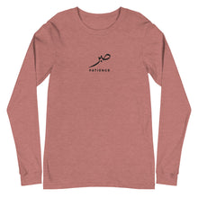 Load image into Gallery viewer, Mauve unisex long sleeve shirt featuring ‘Patience’ embroidered in elegant Arabic calligraphy. Soft, comfortable, and stylish design perfect for everyday wear.
