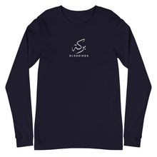 Load image into Gallery viewer, Navy unisex long sleeve shirt featuring &#39;Blessings&#39; embroidered in elegant Arabic calligraphy. Soft, comfortable, and stylish design perfect for everyday wear.
