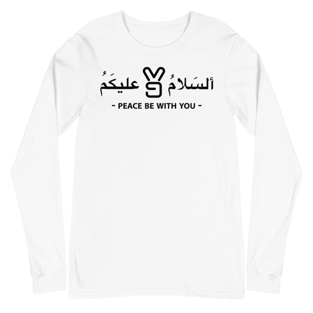 Arabic and english fused Al Salaamu Alaykoum/ Peace be with you white long sleeve shirt